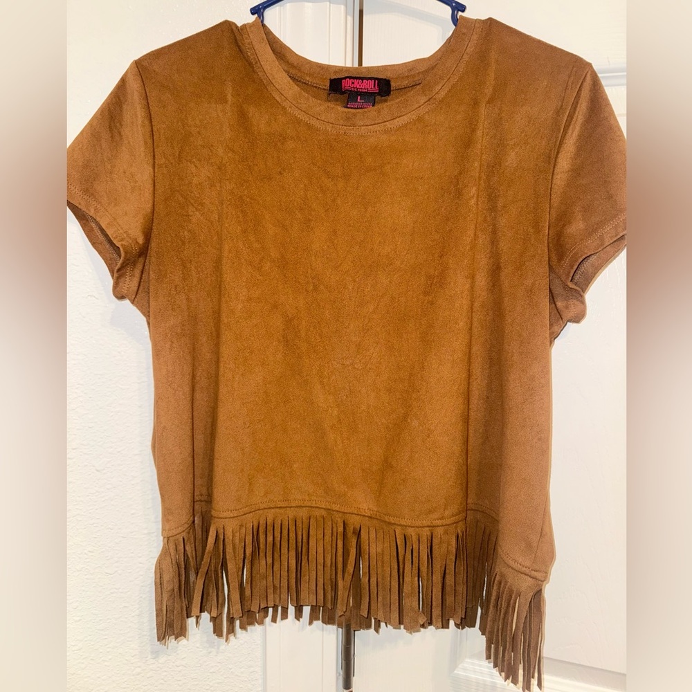 Rock&Roll Denim Tan Fringe Short Sleeve Top